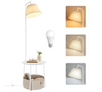 VASAGLE Mesa Auxiliar con lámpara 3 en 1 lámpara de pie con Mesa y Cesta de Tela para salón, mesita de Noche, Bombilla LED, luz y Pantalla Ajustable, Marco de Acero, Blanco Mate LFL004WC04
