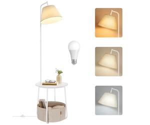 VASAGLE Mesa Auxiliar con lámpara 3 en 1 lámpara de pie con Mesa y Cesta de Tela para salón, mesita de Noche, Bombilla LED, luz y Pantalla Ajustable, Marco de Acero, Blanco Mate LFL004WC04