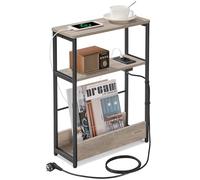 VASAGLE Mesa Auxiliar con Multienchufe, Estrecha con 3 Estantes | Mesita con Revistero, para Espacios Pequeños, Salón, Dormitorio, Greige Mélange y Negro Mate, Colección BARNET LET335K05