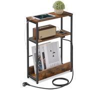 VASAGLE Mesa Auxiliar con Multienchufe, Estrecha con 3 Estantes | Mesita con Revistero, para Espacios Pequeños, Salón, Dormitorio, Marrón Rústico y Negro Mate, Colección BARNET LET335K02