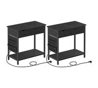 VASAGLE Mesa Auxiliar con Multienchufe, Juego de 2, Mesa Lateral Estrecha con Puertos USB, Sacos, Mesita de Noche, para Salón, Dormitorio, Negro con Veta de Madera LCT647B56