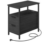 VASAGLE Mesa Auxiliar con Multienchufe, Mesita de Noche con 2 Cajones | Pequeña Mesa Fina con Almacenamiento, para Salón, Dormitorio, Gris Carbón y negro mate, Colección BARNET LET325B22
