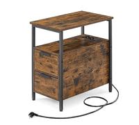 VASAGLE Mesa Auxiliar con Multienchufe, Mesita de Noche con 2 Cajones | Pequeña Mesa Fina con Almacenamiento, para Salón, Dormitorio, Marrón Rústico y negro mate, Colección BARNET LET325B01