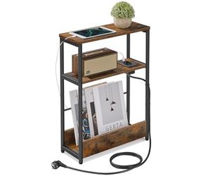 VASAGLE Mesa Auxiliar con Multienchufe, Mesita Estrecha con 3 Estantes, para Espacios Pequeños con Revistero, para Salón, Dormitorio, Estudio, Marrón Rústico y Negro Tinta LET335K02