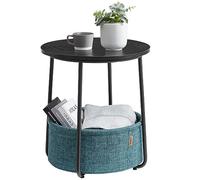 VASAGLE Mesa Auxiliar, Mesa Lateral Redonda con Cesta de Tela, Espaciosa, para Salón, Dormitorio, Mesita de Noche, Estilo Moderno, Negro Ébano y Azul Turquesa LET223B56