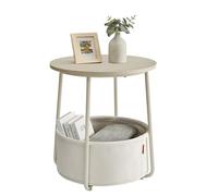 VASAGLE Mesa Auxiliar, Mesa Lateral Redonda con Cesta de Tela, Espaciosa, para Salón, Dormitorio, Mesita de Noche, Estilo Moderno, Beige Natural y Blanco Crema LET223K67
