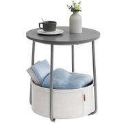 VASAGLE Mesa Auxiliar, Mesa Lateral Redonda con Cesta de Tela, Espaciosa, para Salón, Dormitorio, Mesita de Noche, Estilo Moderno, Gris Cemento y Blanco Crema LET223G49