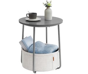 VASAGLE Mesa Auxiliar, Mesa Lateral Redonda con Cesta de Tela, Espaciosa, para Salón, Dormitorio, Mesita de Noche, Estilo Moderno, Gris Cemento y Blanco Crema LET223G49