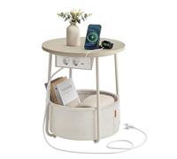 VASAGLE Mesa Auxiliar, Mesa Lateral Redonda con Cesta de Tela y Regleta, Espaciosa, para Salón, Dormitorio, Mesita de Noche, Estilo Moderno, Beige Natural y Blanco Crema LET228LL01