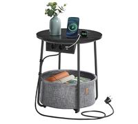 VASAGLE Mesa Auxiliar, Mesa Lateral Redonda con Tomas de Corriente, Cesta de Tela, Espaciosa, para Salón, Dormitorio, Mesita de Noche, Estilo Moderno, Negro Ébano y Gris Pizarra LET228B02
