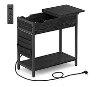 VASAGLE Mesa Auxiliar, mesita de Noche con Enchufe, Estrecha, con Puertos USB, Bolsa, para Sala de Estar, Dormitorio, Color Negro con Grano de Madera LET311B56