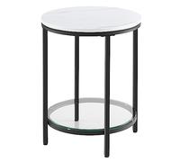 VASAGLE Mesa Auxiliar Redonda de 2 Niveles, Mesita de Noche, Encimera de Aglomerado y Estante de Vidrio Templado, para Salón, Dormitorio, Estudio, Minimalista Moderna, Blanco Mármol y Negro LET285B13