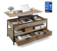 VASAGLE Mesa de Centro Elevable, con Cajones de Almacenamiento | Mesa de Salón, Compartimentos Ocultos, 2 Cajones, Marrón Camello y Negro Mate, Colección BARNET LCT209K02