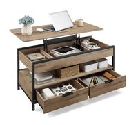 Mesa de Centro Elevable, Mesa de Salón, con Cajones de Almacenamiento, Compartimentos Ocultos y Estante Abierto, Marrón Camello y Negro Tinta