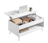 VASAGLE Mesa de Centro, Mesa de Café con Tablero Elevable, Resorte de Gas, Compartimento Oculto, Estante Abierto, para Sala de Estar, Comedor, Oficina, Blanco Nieve y Blanco Mate LCT267WE01