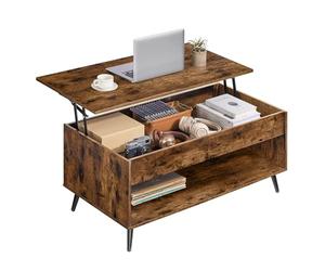 VASAGLE Mesa de Centro, Mesa de Café con Tablero Elevable, Resorte de Gas, Compartimento Oculto, Estante Abierto, para Sala de Estar, Comedor, Oficina, Marrón Rústico y Negro Tinta LCT267KD01