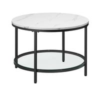 VASAGLE Mesa de Centro, Mesita de Salón, de Mármol de Imitación Redonda, Estante de Vidrio Templado, Montaje Fácil, Estilo Moderno, Blanco Mármol y Negro Tinta LCT072W13