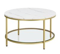 VASAGLE Mesa de Centro, Mesita de Salón, de Mármol de Imitación Redonda, Estante de Vidrio Templado, Montaje Fácil, Estilo Moderno, Blanco Mármol y Dorado Métalico LCT071W59