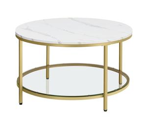 VASAGLE Mesa de Centro, Mesita de Salón, de Mármol de Imitación Redonda, Estante de Vidrio Templado, Montaje Fácil, Estilo Moderno, Blanco Mármol y Dorado Métalico LCT071W59