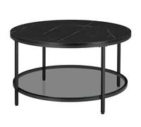 VASAGLE Mesa de Centro Redonda de Mármol de Imitación, Vidrio Templado | Mesa de Sofá, Estante, Montaje Fácil, Estilo Moderno, Salón, Negro Mármol y Negro Mate, Colección BARIS LCT071B58