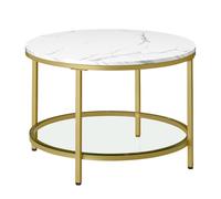 VASAGLE Mesa de Centro Redonda de Mármol de Imitación, Vidrio Templado | Mesa de Sofá, Estante, Montaje Fácil, Estilo Minimalista, Salón, Blanco Mármol y negro mate, Colección BARIS LCT072W59