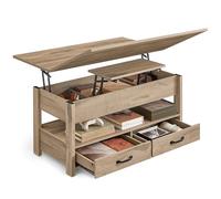 VASAGLE Mesa de Centro, Regulable en Altura, 2 Cajones, con Pistón de Gas | 3 Compartimentos Bajo el Tablero, 1 Compartimento Abierto, para Salón o Estudio, Marrón Camello, Colección SIREN LCT254L01