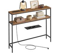 VASAGLE Mesa de Consola de 2 Niveles con Enchufe, Mesa Auxiliar con 2 Estantes, 20 x 100 x 80 cm, para Sala de Estar, Pasillo, Recibidor, Marrón Rústico y Negro Tinta LNT136KD01