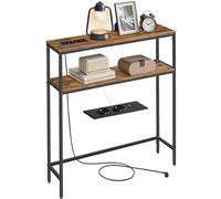 VASAGLE Mesa de Consola de 2 Niveles con Enchufe, Mesa Auxiliar con 2 Estantes, 20 x 80 x 80 cm, para Sala de Estar, Pasillo, Recibidor, Marrón Rústico y Negro Tinta LNT135KD01
