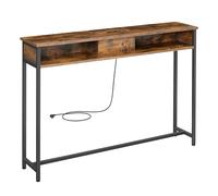 VASAGLE Mesa de Consola Delgada con Multienchufe, 2 Compartimentos | Mesa de Sofá, 120 x 25 x 81 cm, Carga Oculta, Ahorro de Espacio, Entrada, Salón, Marrón y Negro, Colección BARNET LNT111K01
