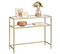 VASAGLE Mesa de Consola, Tablero de Vidrio Templado, Marco de Metal | Mesa de Entrada, Extremo del Sofá, Patas Ajustables, para Salón, Dorado y Transparente, Colección BARIS LGT025A01