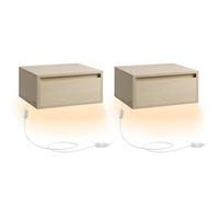 VASAGLE Mesita de Noche Colgante, Juego de 2, con Cajón, 40 x 35 x 19 cm | Estante de Pared, Luz LED de 3 Colores, Sala de Estar, Dormitorio, Beige Natural, Colección KAILYN LET854N01