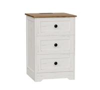 VASAGLE Mesita de Noche con Enchufes, Mesa Auxiliar con 3 Cajones y Compartimento Abierto, 40 x 30 x 59 cm, para Dormitorio, Salón, Blanco Rústico y Marrón Miel, Colección Siren LET668WJ01