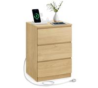 VASAGLE Mesita de Noche con Estación de Carga, 3 Cajones | Mesa Auxiliar, 2 Tomas AC, 2 Puertos USB, Salón, Dormitorio, Estudio, Roble Natural, Colección KAILYN LET631Y70