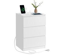 VASAGLE Mesita de Noche con Estación de Carga, 3 Cajones | Mesa Auxiliar, 2 Tomas AC, 2 Puertos USB, Salón, Dormitorio, Estudio, Blanco Nube, Colección KAILYN LET631W14