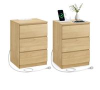 VASAGLE Mesita de Noche con Estación de Carga, Juego de 2, 3 Cajones | Mesa Auxiliar, 2 Tomas AC, 2 Puertos USB, Salón, Dormitorio, Estudio, Roble Natural, Colección KAILYN LET831Y70