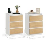 VASAGLE Mesita de Noche con Estación de Carga, Juego de 2, 3 Cajones | Mesa Auxiliar, 2 Tomas AC, 2 Puertos USB, Salón, Dormitorio, Estudio, Blanco y Amarillo, Colección KAILYN LET831Y01
