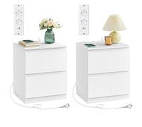 VASAGLE KAILYN Colección - Mesita de Noche con Regleta de Enchufes, Mesa Auxiliar, 2 Cajones, 2 Tomas AC, 2 Puertos USB-A, Salón, Dormitorio, Blanco Nube LET621W02