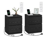 VASAGLE Mesita de Noche con Regleta de Enchufes, Juego de 2, Mesa Auxiliar, 2 Cajones, 2 Tomas AC, 1 Puerto USB-A, 1 Puerto USB-C, Sala de Estar, Dormitorio, Moderno, Negro Ébano LET821B02