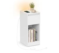 VASAGLE Mesita de Noche Estrecha, Mesa Auxiliar, con Iluminación LED, 1 Puerto USB-A, 1 Puerto USB-C, Cajón y Compartimento, Dormitorio, Salón, Blanco Nube LET610W01