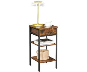 VASAGLE Mesita de Noche, Mesa Auxiliar Alta con un Cajón y 2 Estantes, un Estante Ajustable, Ahorro de Espacio, Pies Ajustables, Estilo Industrial, Marrón Rústico y Negro Tinto LET502B01