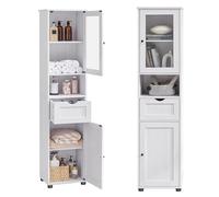 VASAGLE Mueble Baño, Armario Baño, Armario Alto, Compartimento Abierto, Puerta de Cristal, Estrecho, con Patas, Estantes Regulables en Altura, Ahorro de Espacio, Blanco Arce BBK163T44