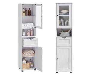 VASAGLE Mueble Baño, Armario Baño, Armario Alto, Compartimento Abierto, Puerta de Cristal, Estrecho, con Patas, Estantes Regulables en Altura, Ahorro de Espacio, Blanco Arce BBK163T44