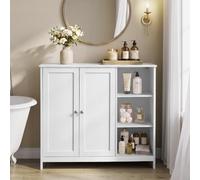 VASAGLE Mueble de Baño, Armario de Suelo de MDF con 2 Puertas y 3 Estantes Abiertos, Estantes Ajustables, 90 x 30 x 80 cm, para Baño, Salón, Blanco Nube, Colección Siren BBK070WB01