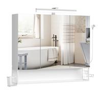 VASAGLE Mueble de Baño con Iluminación LED, 16,5 x 90 x 75 cm, Múltiple Toma de Corriente, Cesta Colgante, Soporte para Secador de Pelo, para Lavabo, Blanco Nube BBK136W01