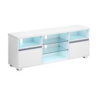 VASAGLE Mueble TV con Luces LED, Estantes de Vidrio Abiertos, 160 cm | Mesa de TV Moderna, para Televisión hasta 70 Pulgadas, 2 Compartimentos con Puertas, blanco mate, Colección KAILYN LTV331T10