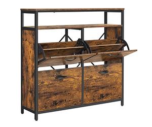 VASAGLE Mueble Zapatero, 4 Compartimentos, para 12-20 Pares de Zapatos | Estante Abierto, Separadores Interiores, Pasillo, 99 x 30 x 95 cm, Marrón Rústico y Negro, Colección BARNET LBS803B01