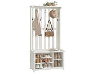 VASAGLE Perchero, Banco Zapatero, Armario Perchero con Estante, 7 Ganchos Dobles para Chaquetas, Sombreros, Pasillo, Dormitorio, Salón, 35 x 81 x 180 cm, Blanco Rústico HSR414W01