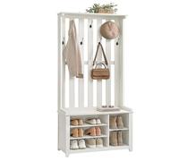 VASAGLE Perchero, Banco Zapatero con Estante, 7 Ganchos Dobles | Armario para Chaquetas, Sombreros, Pasillo, Dormitorio, Salón, 81 x 35 x 180 cm, Blanco Nube, Colección HELAN HSR414W01