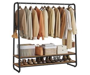 VASAGLE Perchero Burro, Perchero Recibidor con 2 Estantes, 6 Ganchos en Forma de S, Marco de Acero, 45 x 138 x 160 cm, para el Dormitorio, Marrón Rústico y Negro RGR119B01