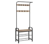 VASAGLE Perchero con Banco de Almacenamiento de Zapatos, diseño 4 en 1, con 9 Ganchos extraíbles, Perchero, para Pasillo, Entrada, 34 x 72 x 183 cm, Industrial, marrón Camello y Negro Tinta HSR040K02
